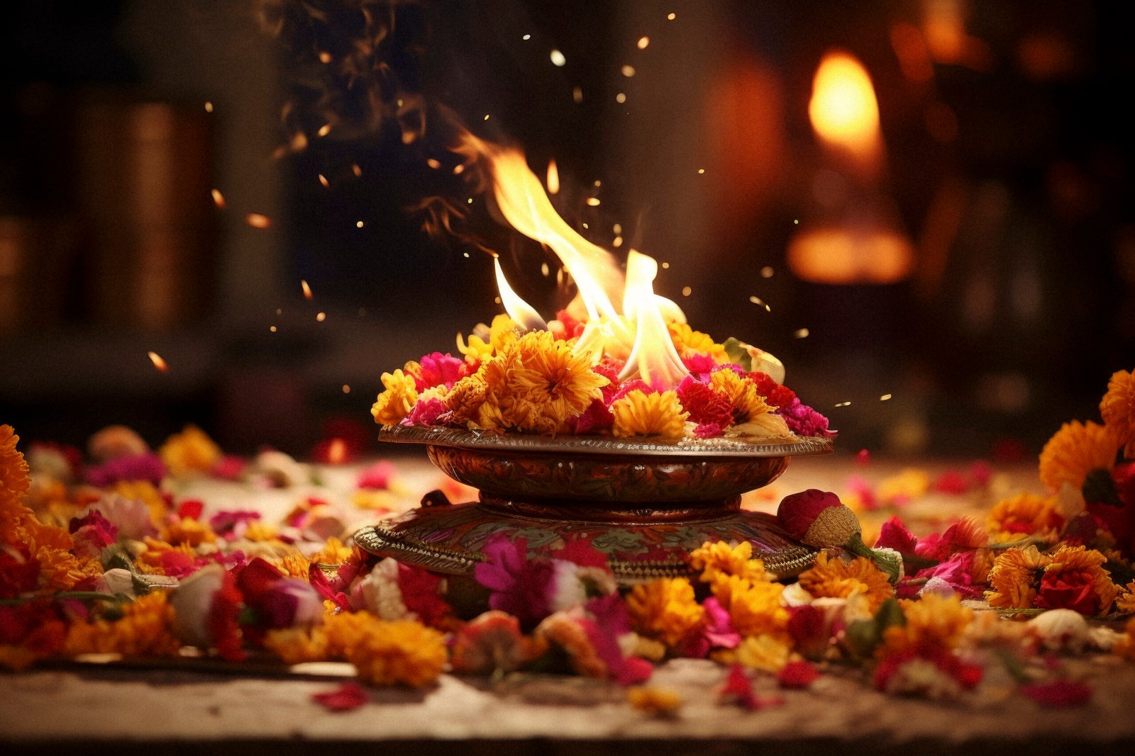 Create a hyper-realistic image of a beautifully decorated bonfire, adorned with vibrant rangoli patterns and flowers. Showcase the fusion of art and tradition in this festive centerpiece. Realistic, lohri, cinematic photo, photography, cinematic tones, --ar 3:2 --v 5.2 Job ID: f6523030-66a1-44bb-9f67-49d7853b27f8